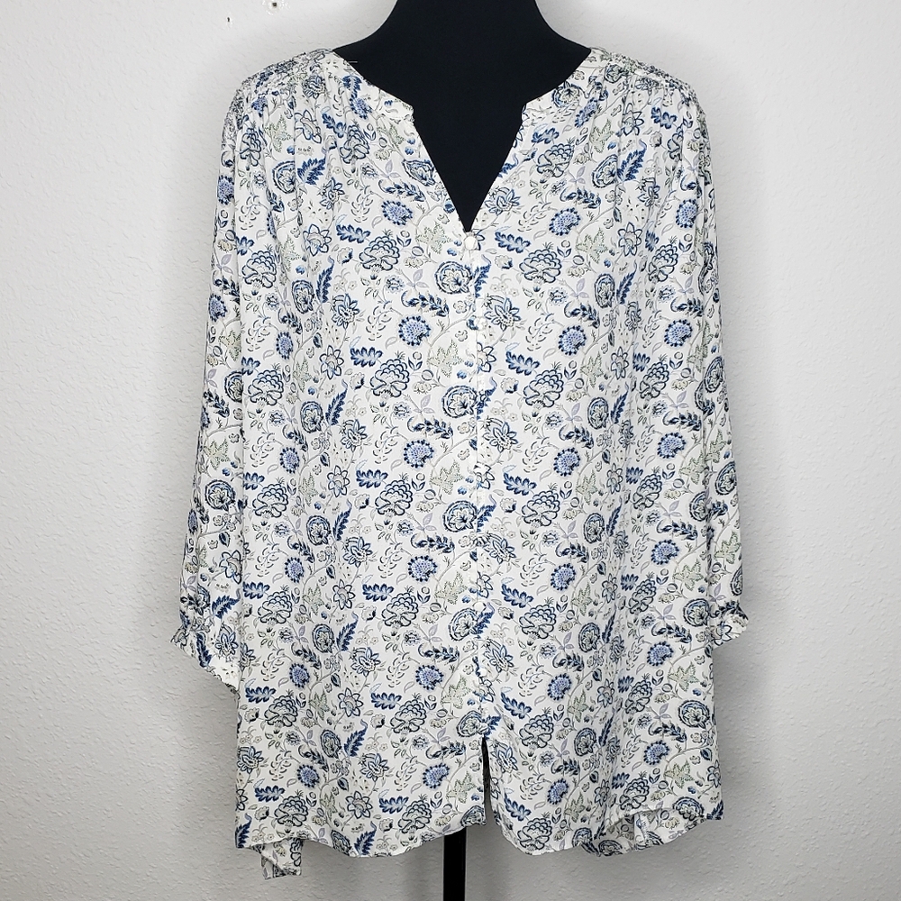 Rose + Olive Floral Button Up 3/4 Sleeves Tunic Top Size 2X Loose Fit Bohemian - Picture 2 of 16